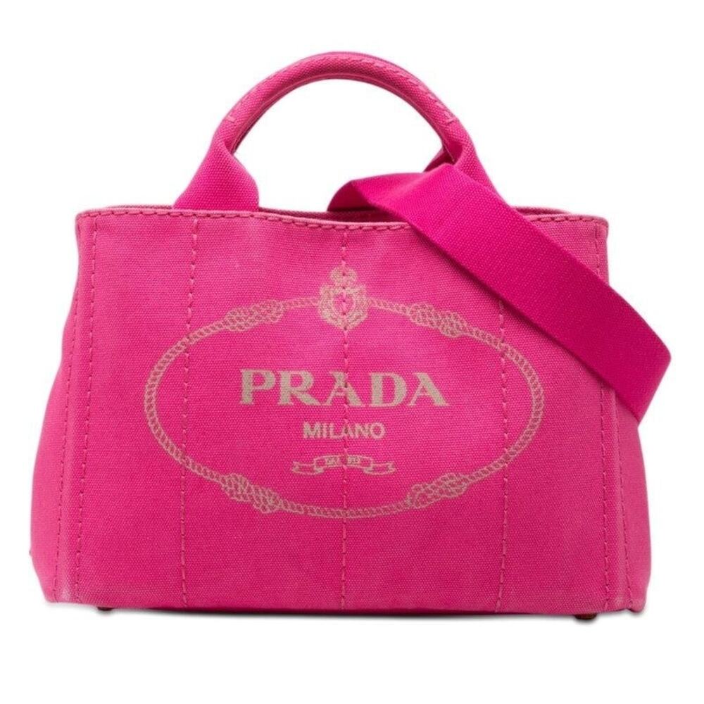 Prada Canvas Triangle Logo Plate Canapa Mini Handbag Pink
